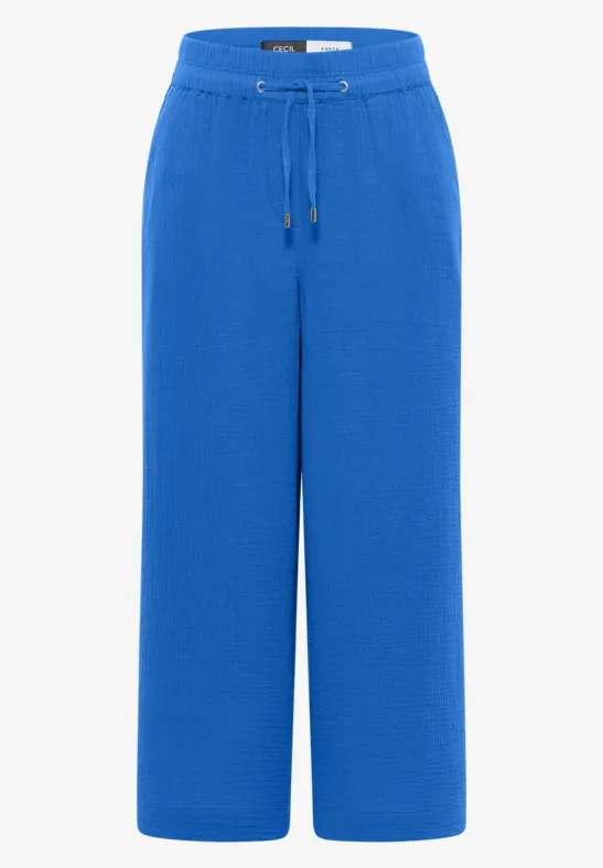 Royalblaue, weite Damenhose mit Tunnelzugbund und weitem Bein.