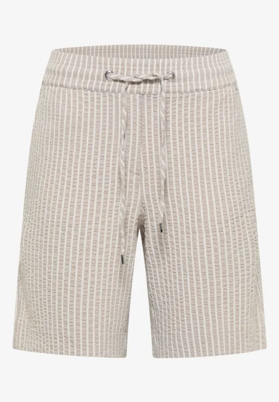 Beige Shorts mit feinem Linienmuster und Kordelzug in der Taille.