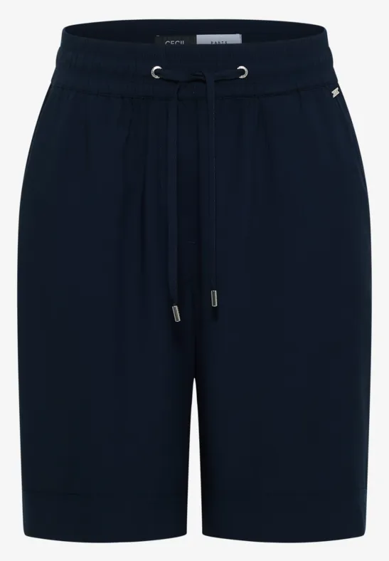 Schwarze Jersey-Shorts mit elastischem Bund, Kordelzug und seitlichen Taschen, knielang, bequem und casual.