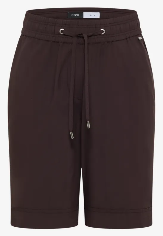 Braune, knielange Freizeit-Shorts aus Jerseystoff mit Tunnelzug und seitlichen Eingrifftaschen.