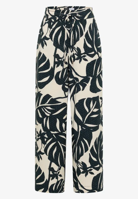 Weite Stoffhose mit schwarz-weißem Blattprint und elastischem Bund
