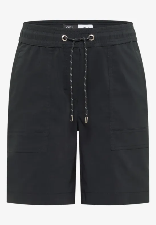 Zwarte herenshorts met elastische tailleband, aantrekkoord en opgestikte zakken.