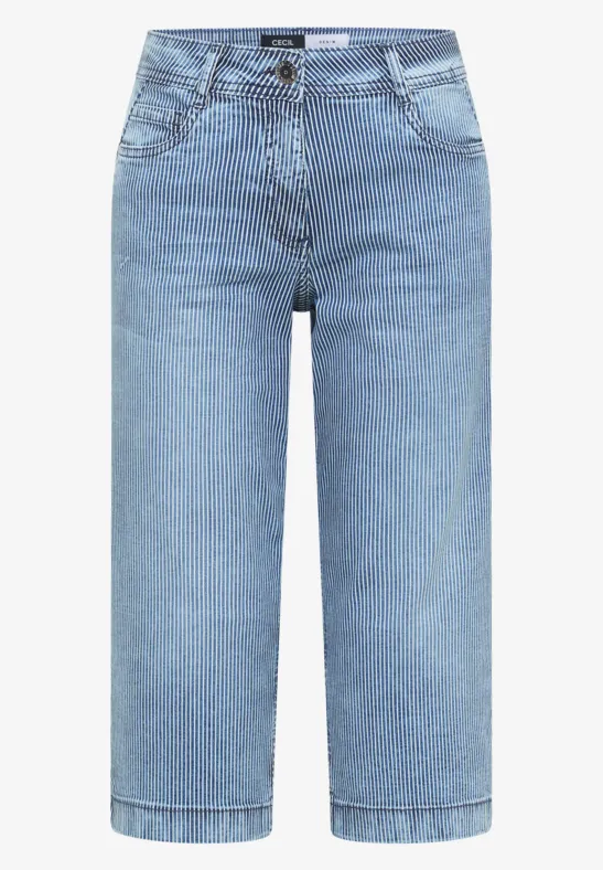 Helle, knielange, weite Jeans mit hohem Bund, seitlichen Taschen und Knopfverschluss im klassischen Denim-Stil