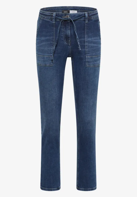 Blaue Jeans mit geradem Bein, hohem Bund und Stoffgürtel