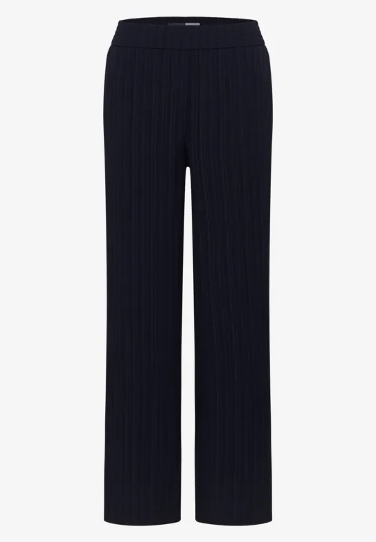 Dunkelblaue, gerade geschnittene Stretch-Strickhose mit feinen Rippen.