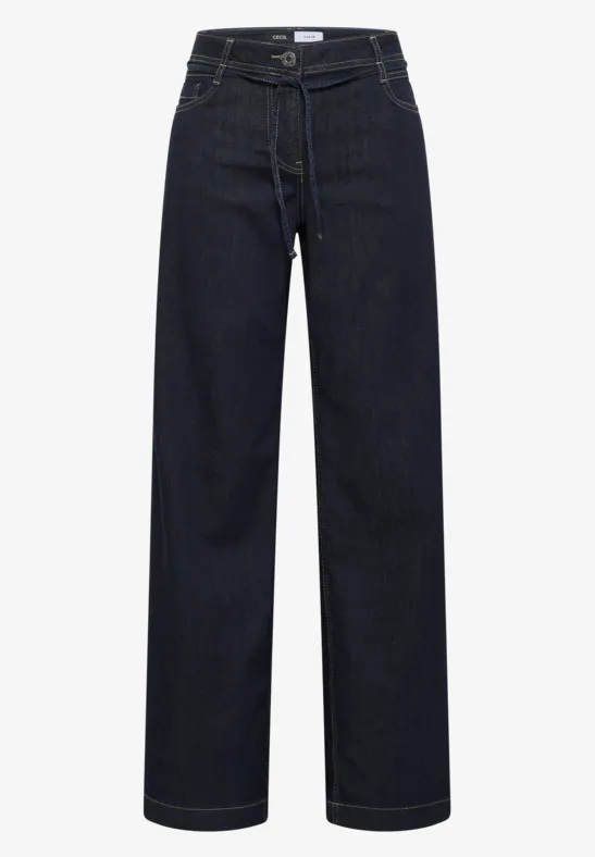 Dunkelblaue Jeans mit weitem Bein und geradem Schnitt, schlichtes Design.