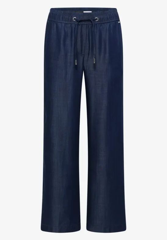 Dunkelblaue, weite Damenhose mit Gummibund und Tunnelzug, lässiges Design.