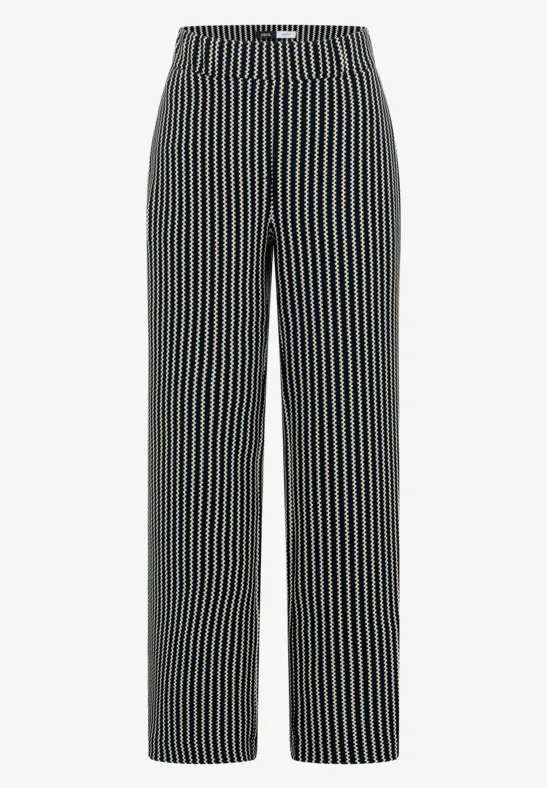 Schwarze Hose mit vertikalen weißen und beigen Streifen, weitem Schnitt und elastischem Bund