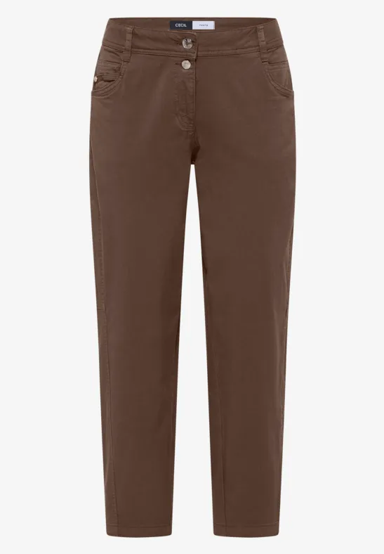 Braune, knöchellange Damenhose mit schlanker Passform und fünf Taschen.