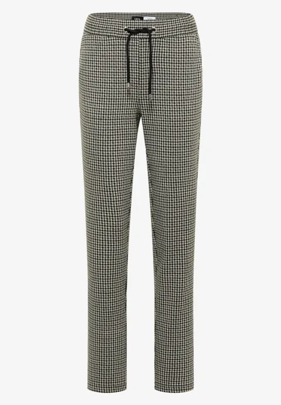 Grau-schwarze, gerade geschnittene Hose mit Hahnentrittmuster und Kordelzug am Bund.