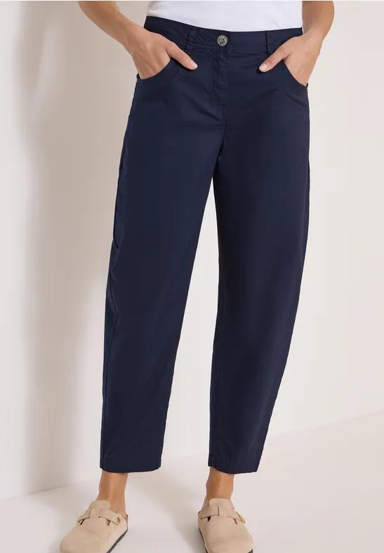 Pantalon femme bleu marine décontracté, coupe ample, fermeture bouton, poches latérales, longueur cheville