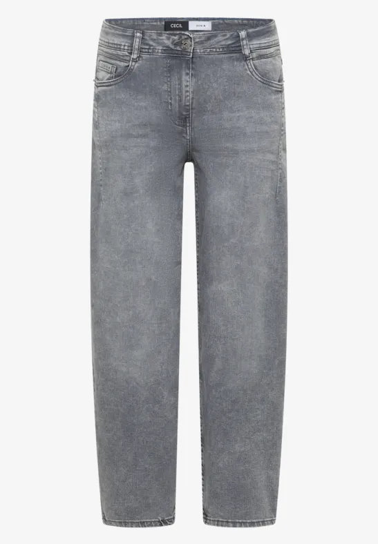 Graue Jeans mit geradem Schnitt, hoher Taille und fünf Taschen.