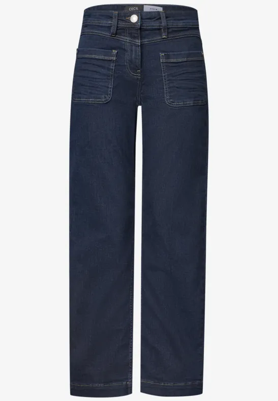 Dunkelblaue Jeans mit geradem, weitem Bein und aufgesetzten Fronttaschen.