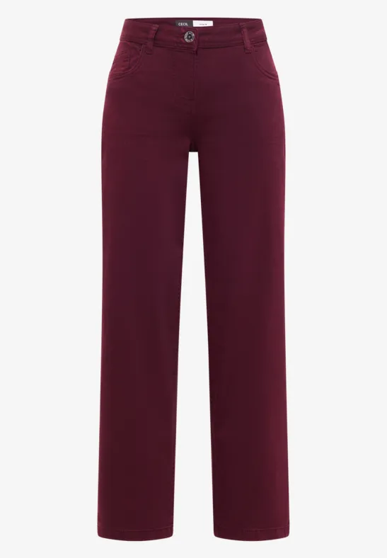 Pantalon bordeaux droit, taille mi-haute, passants de ceinture et poches.