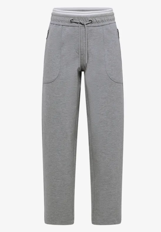 Graue Jogginghose aus Sweatstoff mit elastischem Bund, Kordelzug und seitlichen Taschen.