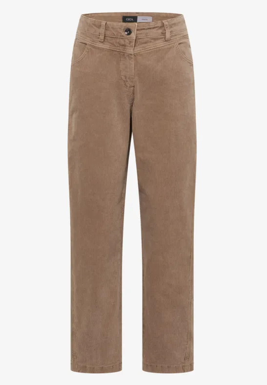 Braune Cordhose mit geradem Schnitt und Knopfverschluss.