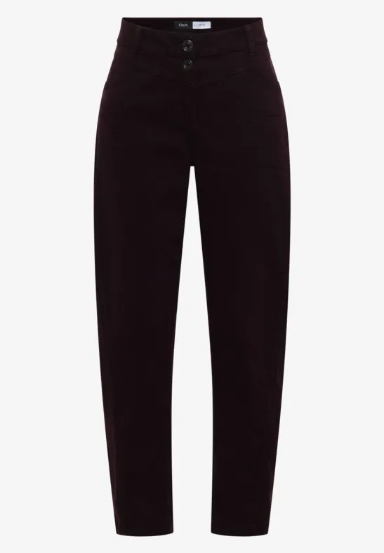 Hoch geschnittene, dunkelbraune Cordhose mit geradem Bein