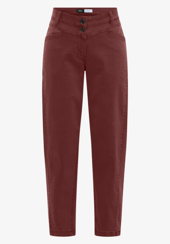 Hoch taillierte Damenhose in Bordeaux mit geradem Bein und zweifachem Knopfverschluss.