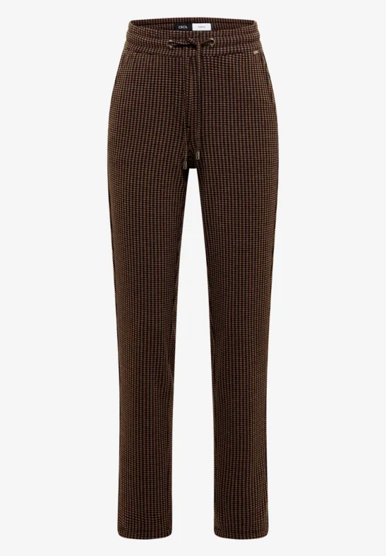 Pantalon en maille côtelée marron, coupe droite, fermeture éclair et bouton.