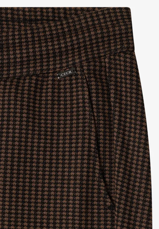 Pantalon taille haute à motif pied-de-poule brun et poches latérales
