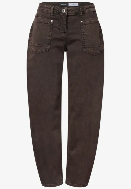 Dunkelbraune Jeans mit hoher Taille und geradem Schnitt.