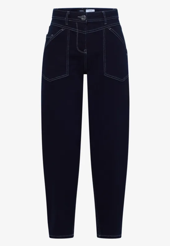 Dunkelblaue Jeanshose mit weißer Steppnaht und hoher Taille