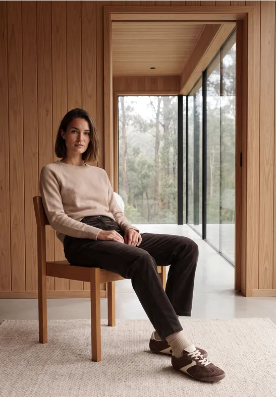 Eine Frau sitzt in minimalistischem Holzinterieur auf einem Stuhl vor großen Fenstern
