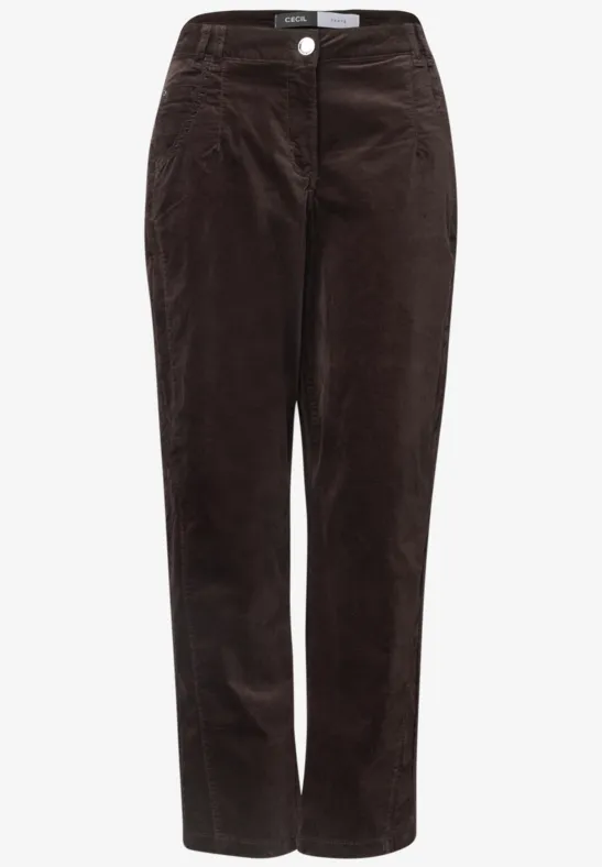 Dunkelbraune Cordhose mit geradem Schnitt und hohem Bund.