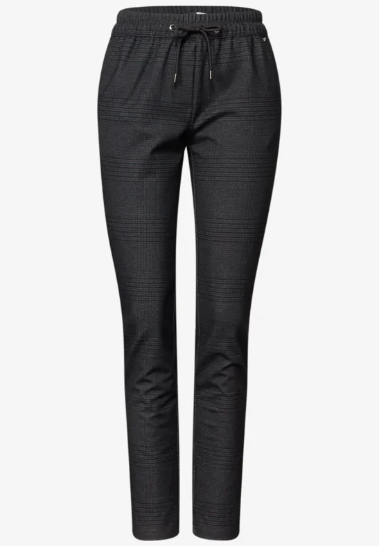 Schmale dunkelgraue Hose mit elastischem Bund, Tunnelzug und feinem Karomuster.