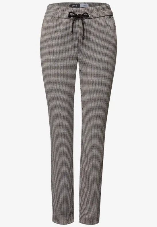 Damenhose mit Hahnentritt-Muster, geradem Schnitt und schwarzem Tunnelzug.