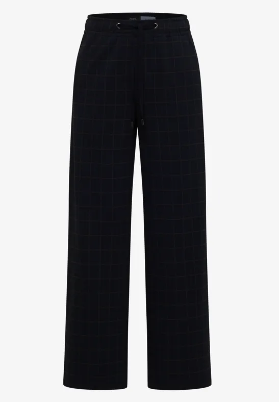 Schwarz-blaue Karohose mit weitem Bein und hoher Taille