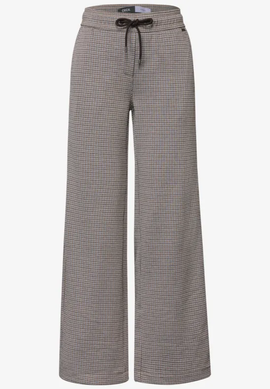 Hoch taillierte, weite graue Hose mit feinem Karomuster und Kordelzug, lässig und bequem.