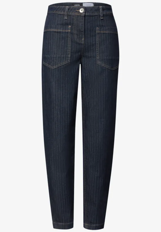 Dunkelblaue Jeanshose mit dezenten Nadelstreifen und geradem Schnitt.