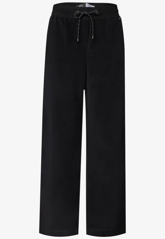 Schwarze, gerade geschnittene Hose mit Kordelzug und Gummibund.