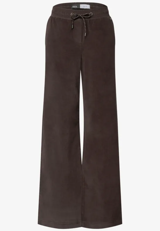 Pantalon marron en velours côtelé, coupe large et cordon de serrage à la taille.