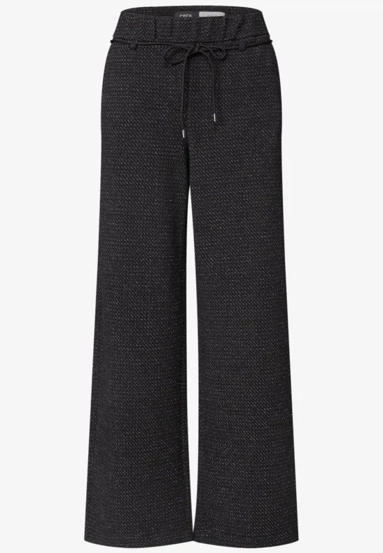 Schwarze, weit geschnittene Freizeithose mit elastischem Bund und Kordel, aus strukturiertem Stoff.