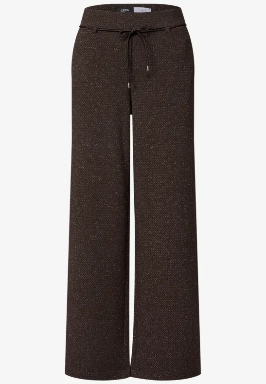 Dunkelbraune, weite Hose mit Tunnelzugbund und Bindeband.