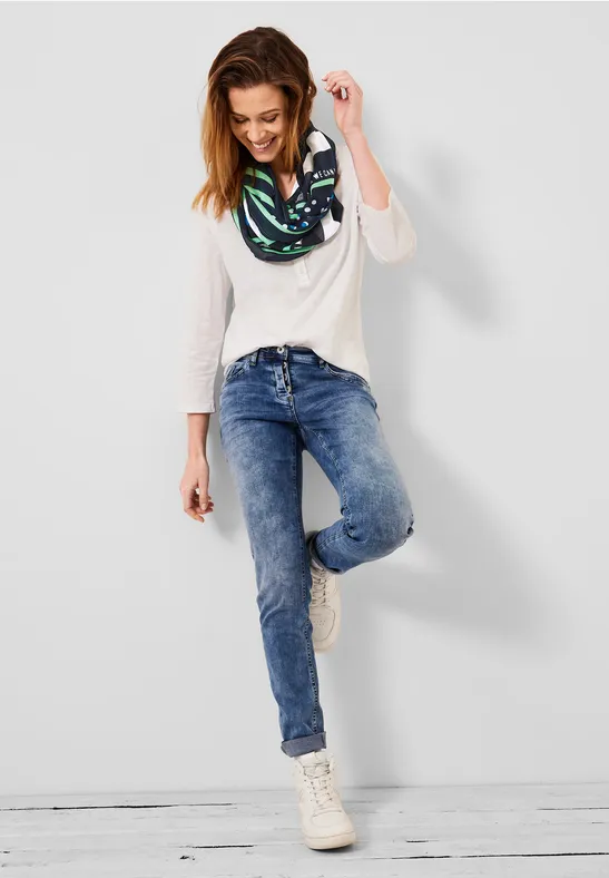 Ronde sjaal met patchwork en print deep blue