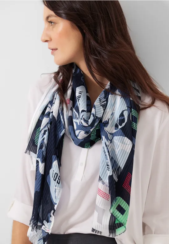 Écharpe imprimée avec franges deep blue