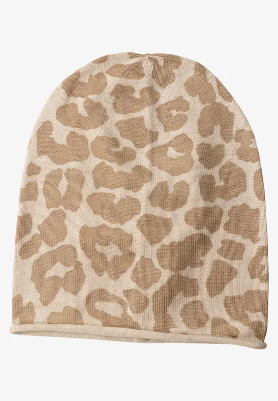 Bonnet à motif léopard et bord roulé powder beige