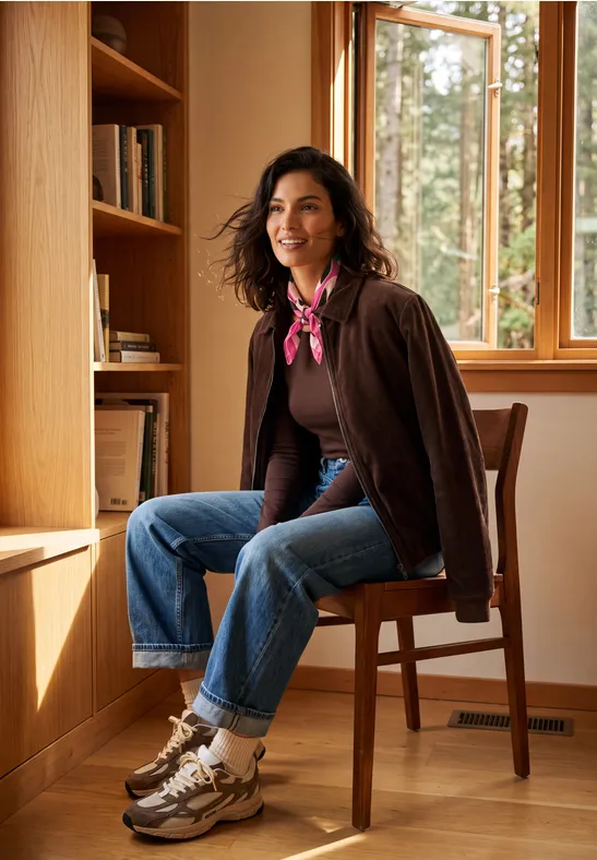 Une femme souriante en jean et veste est assise à une table en bois près d'une fenêtre ouverte.