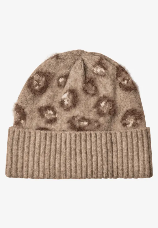 Federgarn Beanie mit Leo-Muster creamy mocha melange