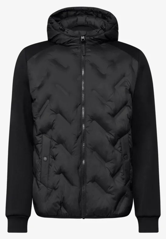 Veste à capuche matelassée noire avec fermeture éclair et manches en maille.