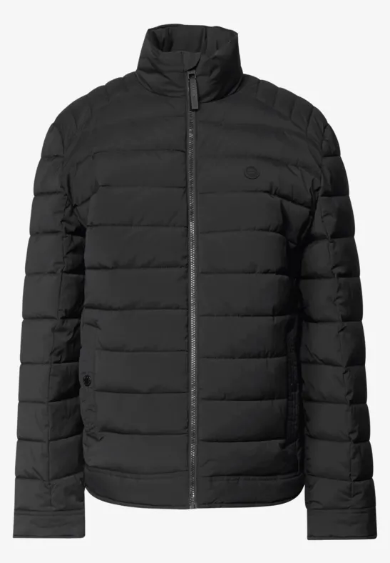 Schwarze gesteppte Daunenjacke mit Stehkragen und durchgehendem Reißverschluss.