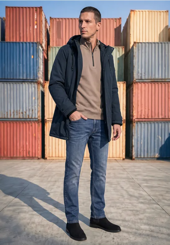 Ein Mann in Jeans, Jacke und Stiefeln steht vor bunten Lagercontainern.