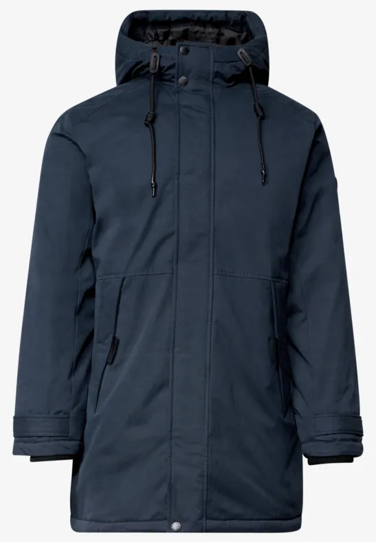 Marineblauer Parka mit Kapuze, Reißverschluss und seitlichen Taschen, optimal für kalte Tage.
