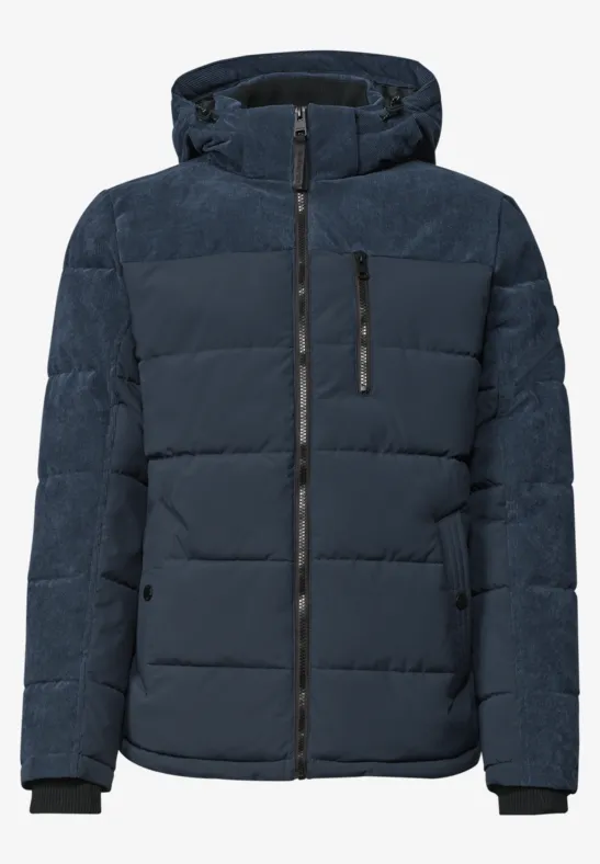 Donkerblauwe gewatteerde winterjas met capuchon, ritssluiting en borstzak.