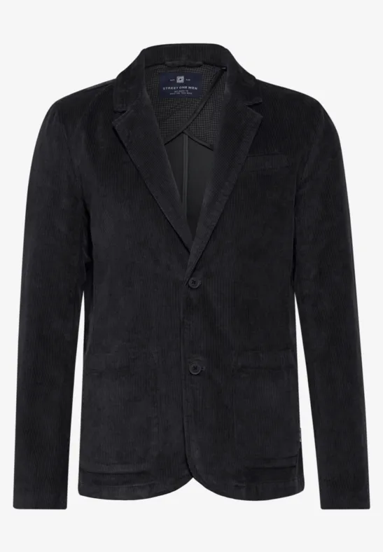 Zwart corduroy colbert met twee knopen en klassieke revers.