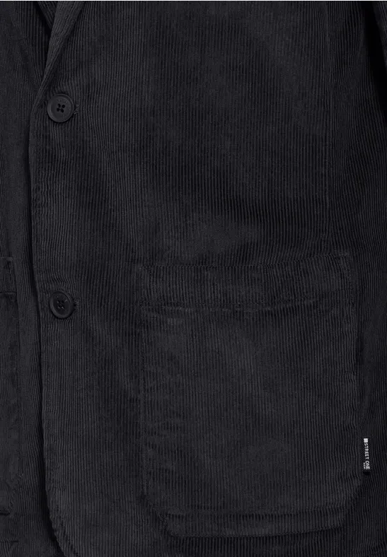 Zwarte corduroy jas met knopen en opgestikte zak.