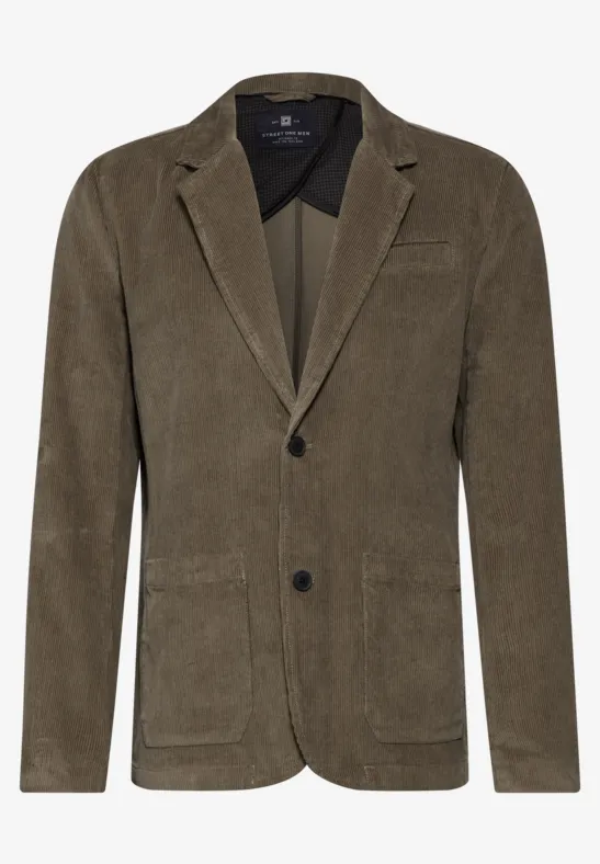 Bruine corduroy blazer met twee knopen en opgestikte zakken.
